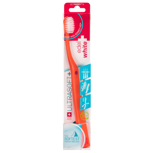 Brosse interdentaire edel+white Duo Flosserbrush Ultrasoft, logo SWISS, 2 capuchons, boîte en PET – Légère, flexible et dotée de poils coniques ultra-doux. Illustration en bleu clair et bleu foncé.