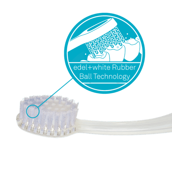 edel+white Eraser Whitening toothbrush in PET box - frottez simplement les taches. Brosse à dents à effacement de taches, illustration poils, technologie à billes de caoutchouc.