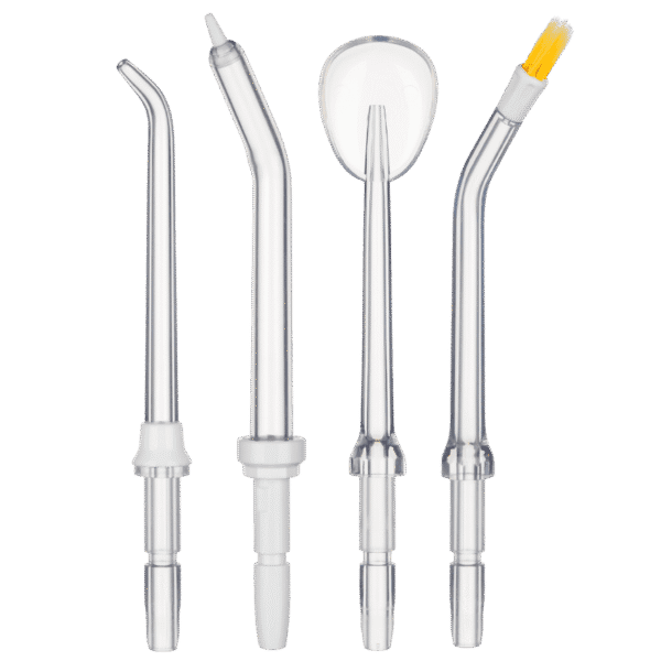 edel+white Flosserpik WJ180 replacement tips set – Ersatz-Aufsätze für die edel+white Munddusche Flosserpik Power Spa. Abbildung der verschiedenen Aufsätze.