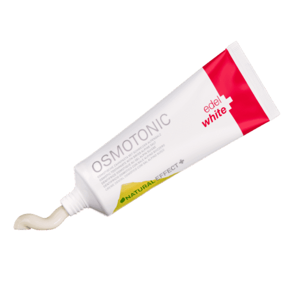 edel+white Osmotonic toothpaste 75ml – Fluoridfreie Salz-Zahnpasta zur Bekämpfung von Zahnfleischentzündungen auf natürliche Weise. Tube offen, Zahnpasta sichtbar.