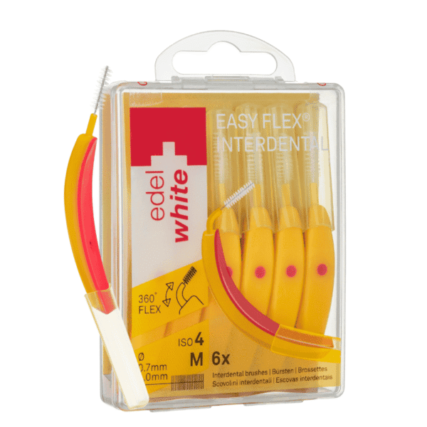 edel+white EasyFlex brosse interdentaire courbée avec cou flexible et gaine de protection antibactérienne pour le nettoyage des espaces interdentaires, 0.7mm taille M, 6 pièces en jaune