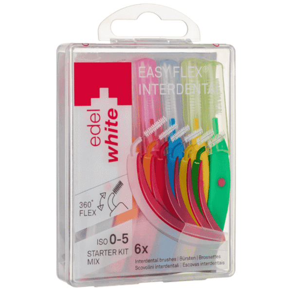 edel+white EasyFlex Interdentalbürste Starter Kit Mix bunt mit gebogenem Griff und flexiblem Hals für gründliche Zahnzwischenraumreinigung - 6 Stück