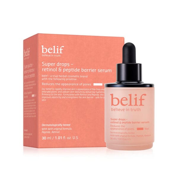 belif Super Drops Retinol & Peptide Barrier Serum 30ml - Sérum anti-âge pour une peau plus ferme, des pores resserrés & une barrière cutanée renforcée. Photo du produit avec l'emballage