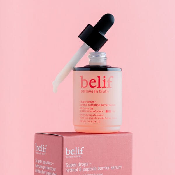 belif Super Drops Retinol & Peptide Barrier Serum 30ml - Sérum anti-âge pour une peau plus ferme, des pores resserrés & une barrière cutanée renforcée. Image de la pipette et de l'emballage