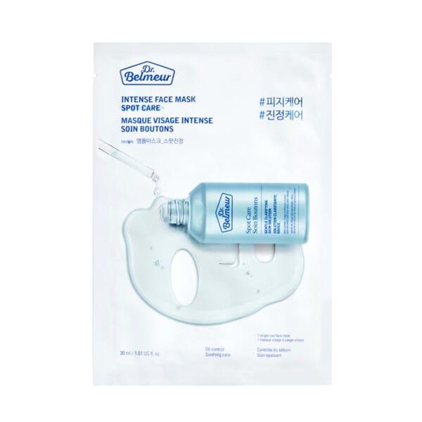 Dr. Belmeur Spot Care Intense Face Mask 30ml - soothing sheet mask with tea tree oil, salicylic acid and panthenol for blemished skin. Product image. 