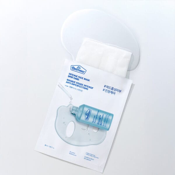 Dr. Belmeur Spot Care Intense Face Mask 30ml - soothing sheet mask with tea tree oil, salicylic acid and panthenol for blemished skin. Product image, packaging open and liquid leaking out. 