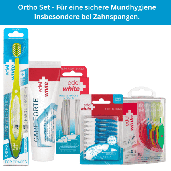 Edelwhite Ortho Set - solution complète d'hygiène dentaire pour les porteurs d'appareils dentaires avec brosse, fil dentaire, gel dentaire et brossettes interdentaires