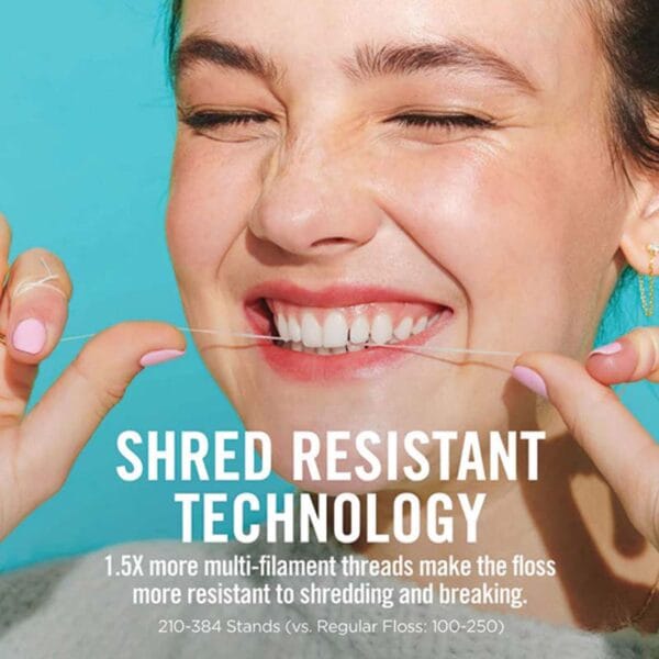 Fil dentaire ciré REACH au goût de cannelle - 50m de fil dentaire végétalien avec une grande résistance à la déchirure et une meilleure élimination de la plaque dentaire. Illustration infographique Shred Resistant Technology.